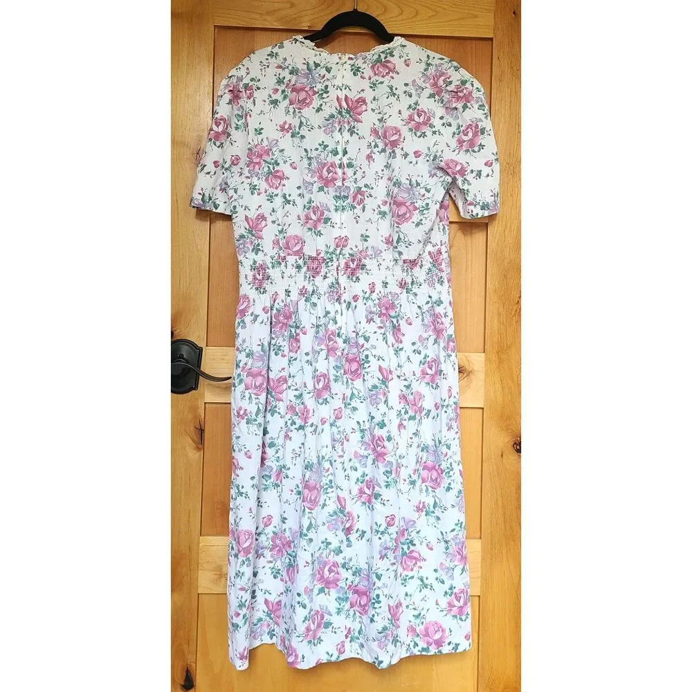 Vintage Stuart‎ Allan Sz 16 Floral Cottagecore Dress Lace Trim Elastic Waistband